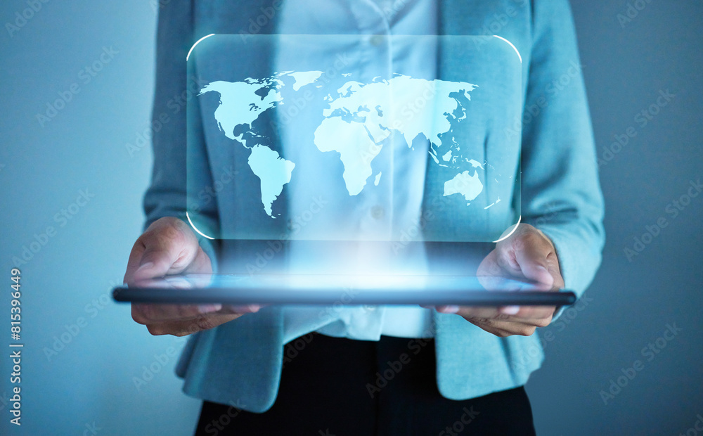 Aufkleber tablet, hologram and hands with earth, world or ui for connectivity, network or futuristic tech. wom