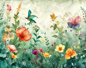 A watercolor wallpaper design featuring colorful, tropical birds amidst lush foliage and floral elements