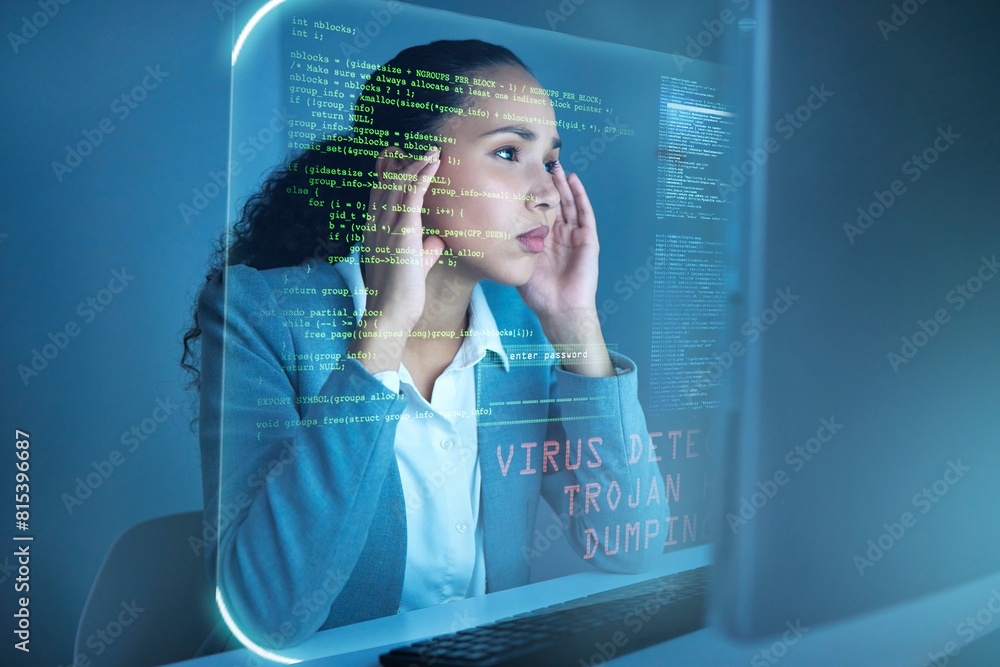 Poster Woman, thinking and hologram with coding for data analytics, virus issue and information technology. Programmer, solution and ideas for problem solving, cyber security or digital analysis in office