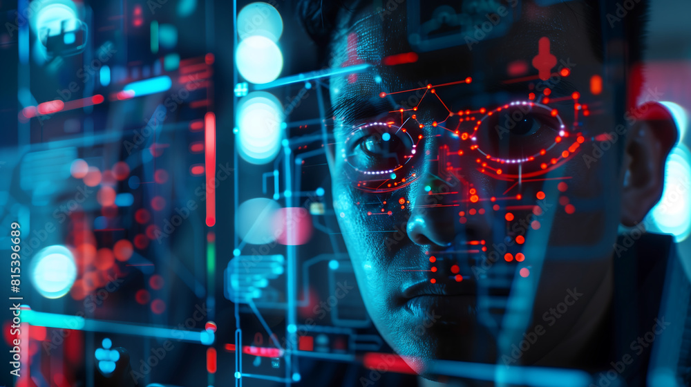 Poster man face overlaid with intricate digital interfaces, bright lines map out facial features, surrounde
