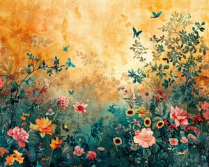 A watercolor wallpaper design featuring colorful, tropical birds amidst lush foliage and floral elements