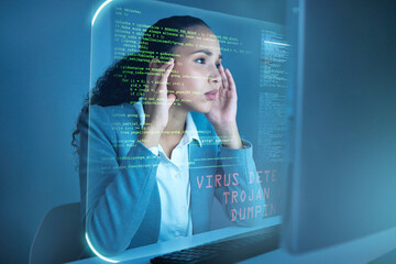 Woman, thinking and hologram with coding for data analytics, virus issue and information technology. Programmer, solution and ideas for problem solving, cyber security or digital analysis in office