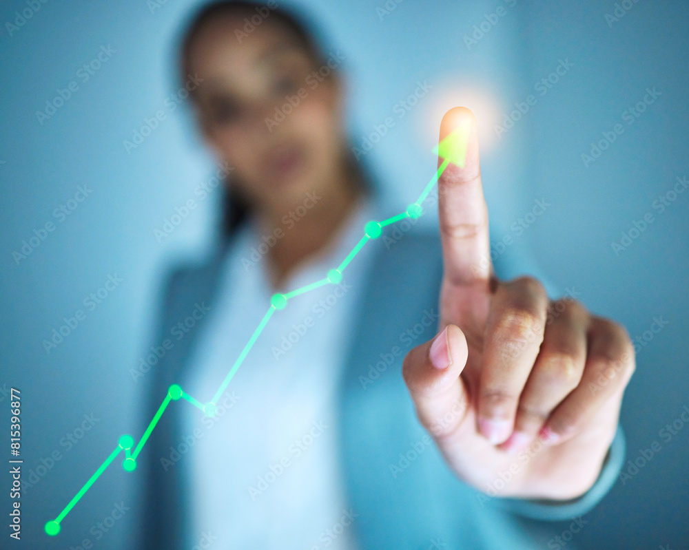 Poster Hand, stats and hologram with arrow, graphs and programming with click on dashboard in night. Person, charts and futuristic ux for analytics, insight and statistics for website growth in office