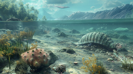 Underwater scene of prehistoric sea life