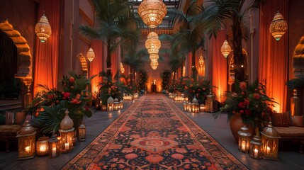 A spacious indoor Mehndi venue adorned with intricate tapestries, hanging lanterns, and elegant...