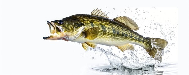 Naklejka premium An action shot of a largemouth bass fish jumping out of water creating a dynamic splash, isolated on a white background.