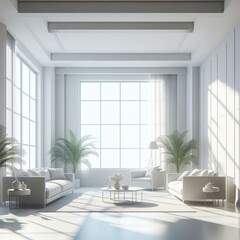 A Room with a template mockup poster empty white and with white furniture and plants image art realistic used for printing.