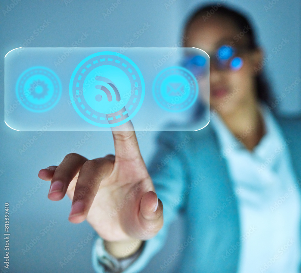 Aufkleber corporate woman, hand and networking hologram for online, email and connection with business at nigh