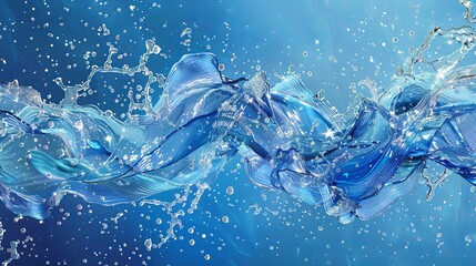 A depiction of an abstract and dynamic splash of translucent blue liquid against a vibrant blue background