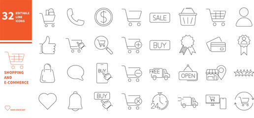 Shopping and e-commerce icon set. Thin line shopping cart, buy and sale icons.