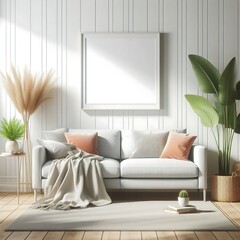 A white couch with pillows and a blanket in a room with plants image art photo harmony card design.