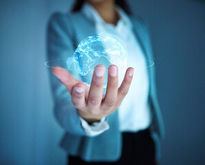 Corporate woman, hand and globe hologram for online, networking and cybersecurity business at...