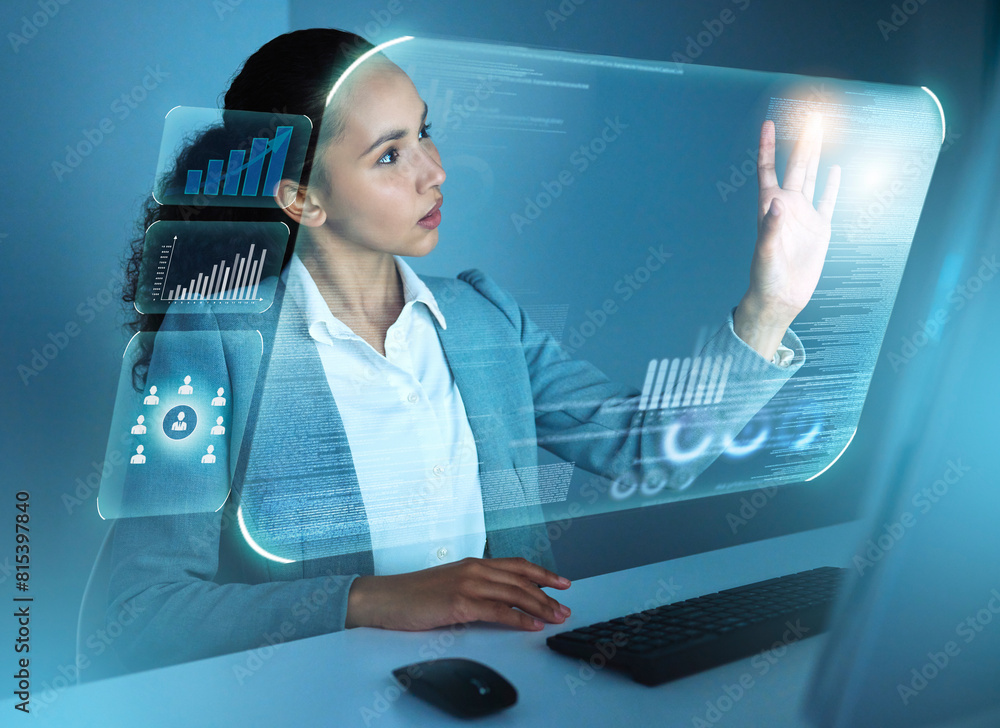 Poster business woman, office and press on hologram ui, night and thinking with programming, dashboard or c