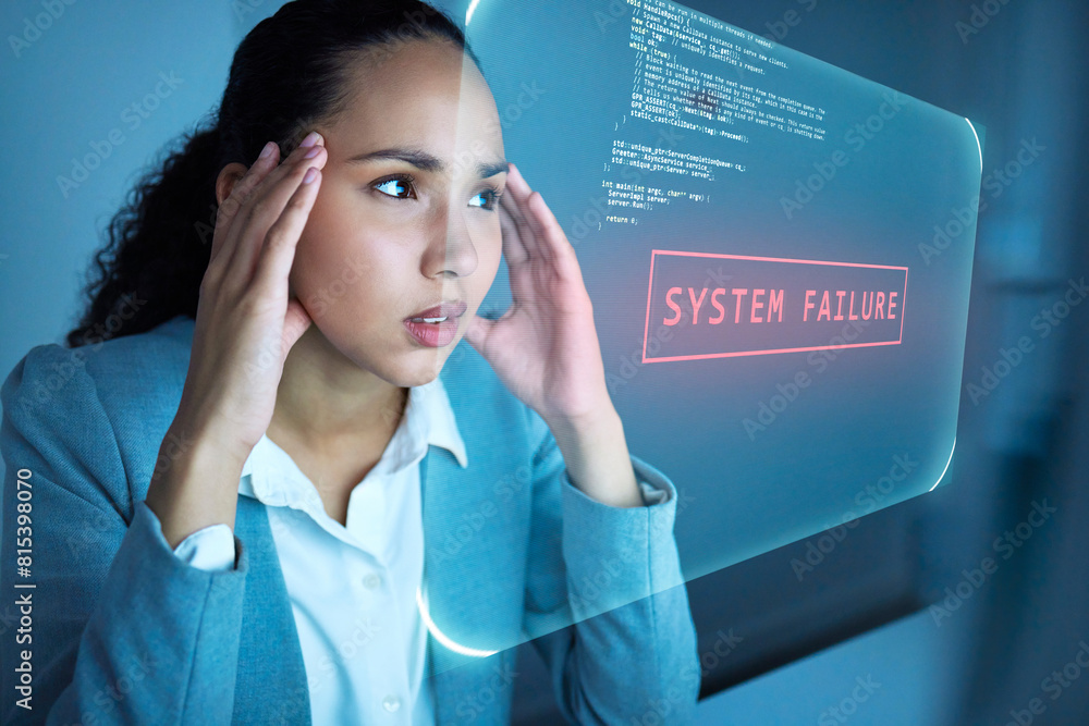 Poster Woman, hologram screen and office with system fail, night and stress with programming, 404 and glitch. Person, developer and information technology with coding ui, warning and digital transformation