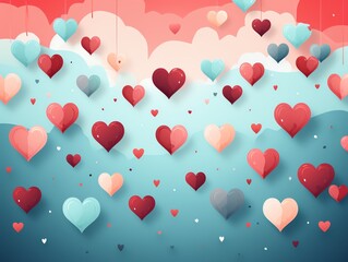 Red and pink hearts of various sizes hang from strings against a blue background.