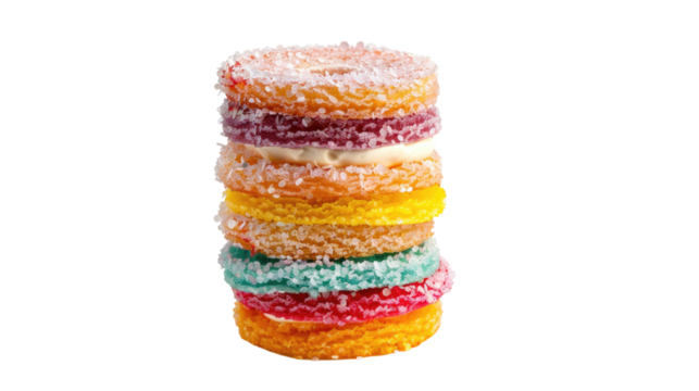 A stack of colorful  sugar cookies with coconut sprinkles in isolated on transparent background