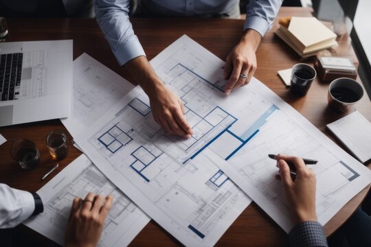 Architect discussing blueprint design in meeting for planning and strategy at office table. Top view