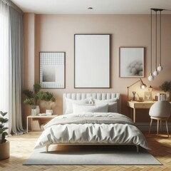 Bedroom sets have template mockup poster empty white with Bedroom interior and a desk image image has illustrative meaning card design card design.