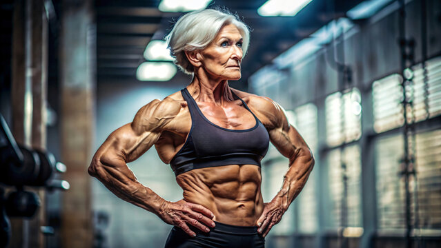 A muscular elder woman bodybuilder with a defined back shows off his physique in a bodybuilding photoshoot
