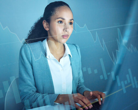 Business woman, financial graphs and overlay in office for stock market research, results or digital analysis. Computer screen, data analytics and software information with analyst, thinking or ideas