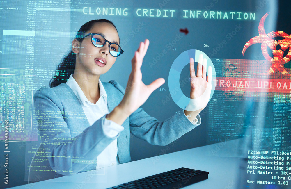 Aufkleber Woman, computer and hologram with coding, charts and programming to stop scam with toxic symbol in night. Person, graph and futuristic warning for trojan horse, financial crime and credit card fraud