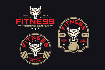 wild wolf with barbell and kettlebell logo design for fitness, gym, bodybuilding, weightlifting club