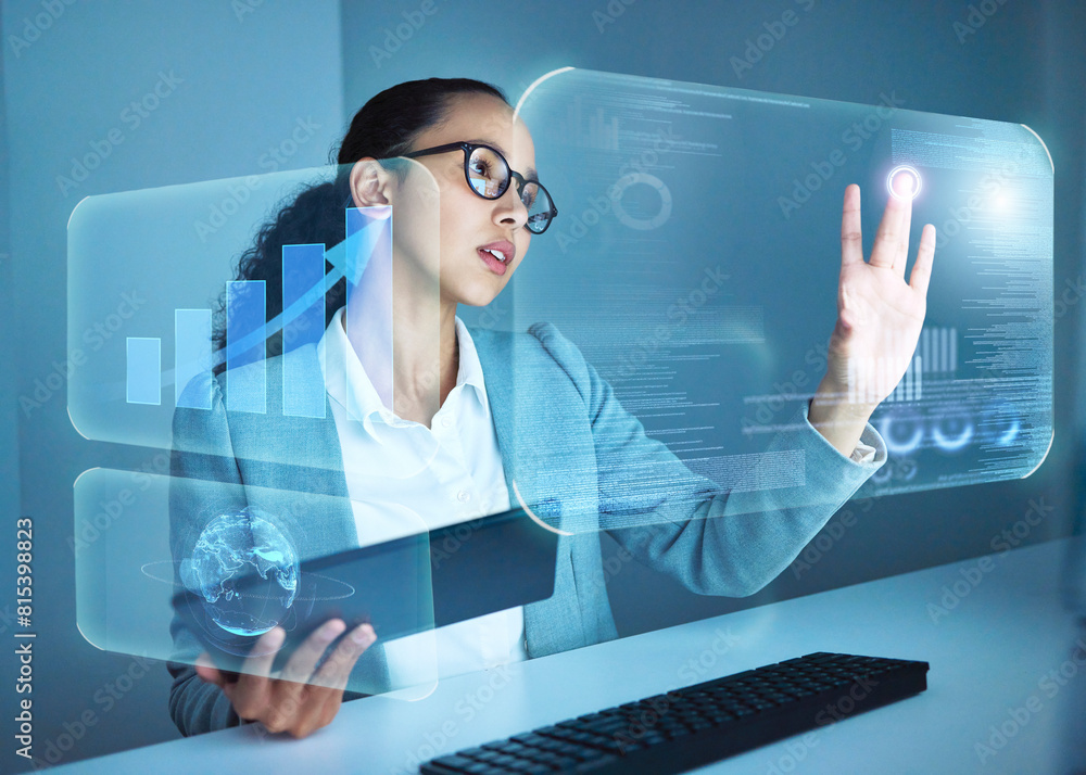 Aufkleber woman, tablet and chart for hologram and data with touch, information or finance with graph. technol