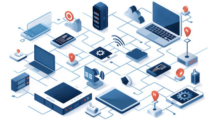  complex network electronic devices laptops, servers, routers, inter connected with lines, icons data transfer communication protocols, nodes
