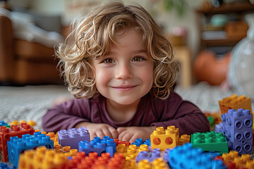 A young boy with curly blonde hair and brown eyes, wearing a purple long-sleeved top. Created with Ai
