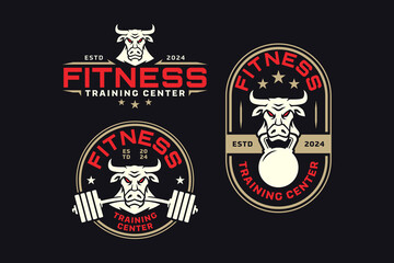 bull with barbell and kettlebell logo design for fitness, gym, bodybuilding, weightlifting