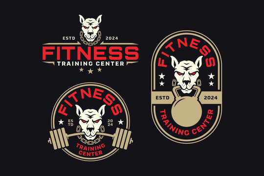 doberman dog with barbell and kettlebell logo design for fitness, gym, bodybuilding, weightlifting