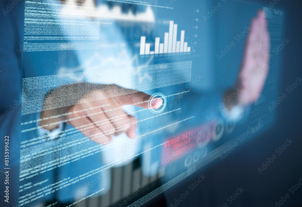 Aufkleber Hand, software and hologram with coding, graphs and programming with click on dashboard in night. Person, charts and futuristic ux for analytics, insight and statistics for website growth in office