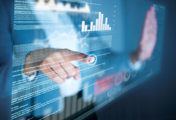 Hand, software and hologram with coding, graphs and programming with click on dashboard in night. Person, charts and futuristic ux for analytics, insight and statistics for website growth in office