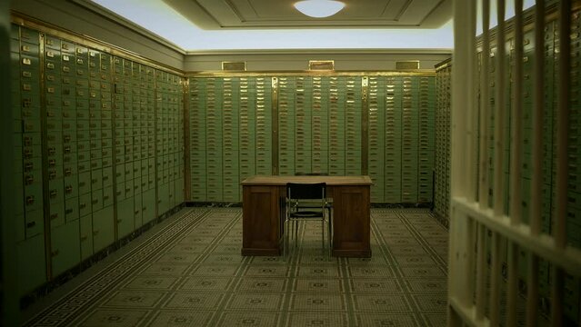 Mystery video plot set in a room filled with lockers and a desk, creating suspense and intrigue. The setting includes a bank vault with numerous lockers and drawers, adding to the suspenseful
