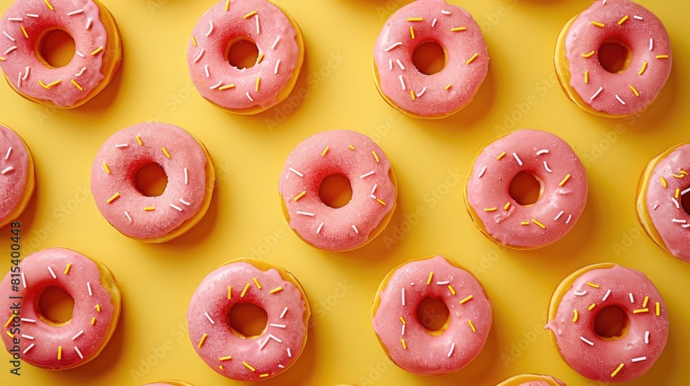 Poster national donut day is being celebrated with a tempting display of pink donuts set against a yellow b