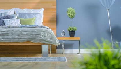 Cozy Bedroom Interior, Cozy Modern Bedroom with Minimalist Design, Featuring a Comfortable Bed, Wooden Accents, and Green Plants for a Tranquil Living Space
