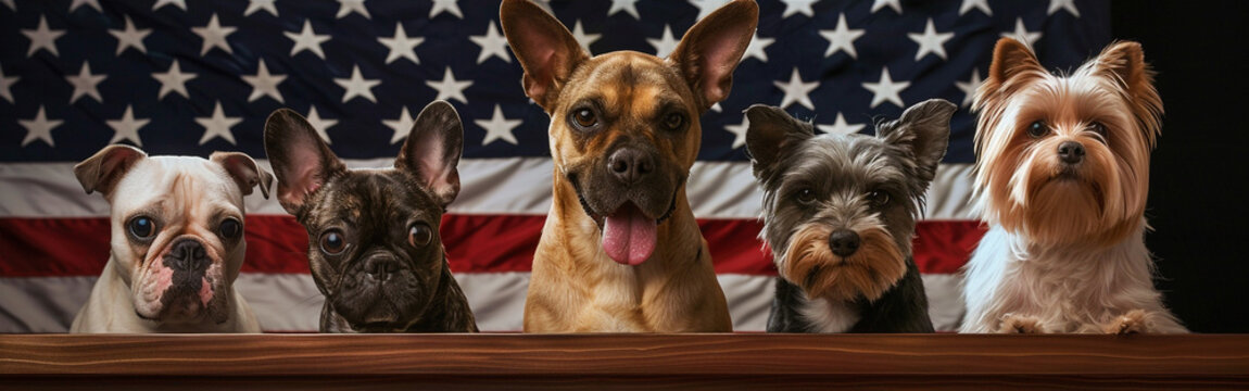 Pictures of dogs as candidates for election against a background of the American flag.