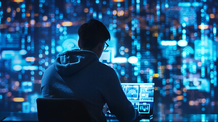 hacker working on a computer, surrounded by a futuristic, digital interface with glowing blue icons and data visualizations