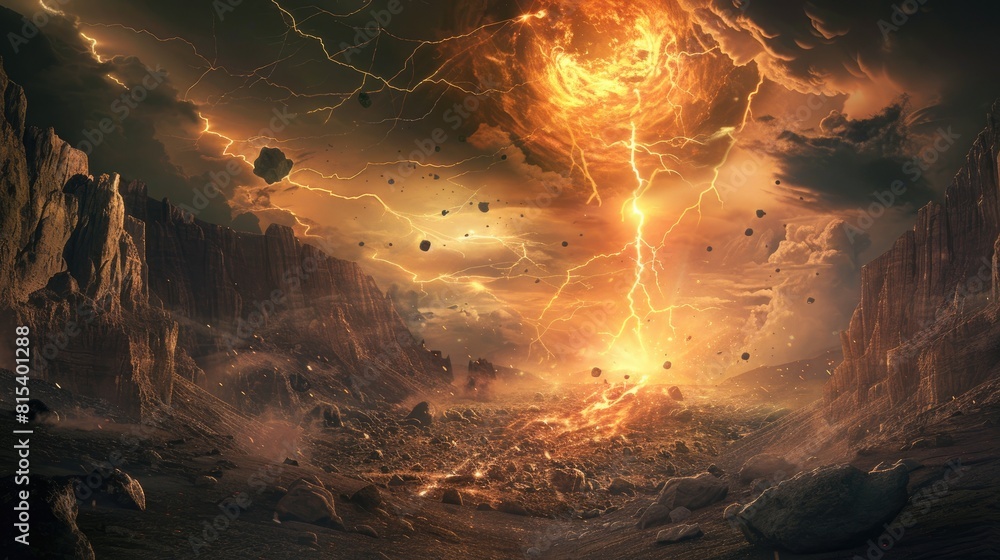 Poster In this apocalyptic scene a dramatic dark and stormy sky crackles with powerful lightning setting the stage for the end of the world as asteroids loom large signaling a judgment day against