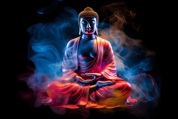 Buddha statue meditating amidst smoke and lights Gives a spiritual and fantasy feel.
