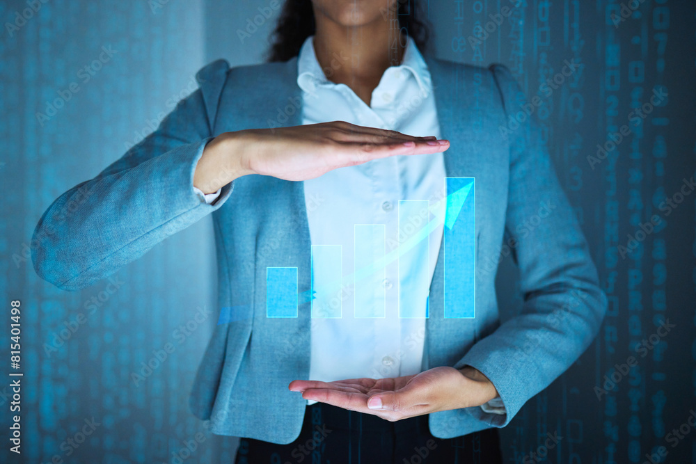 Poster overlay, woman and hands with graph hologram for online, investment and analysis business at night. 