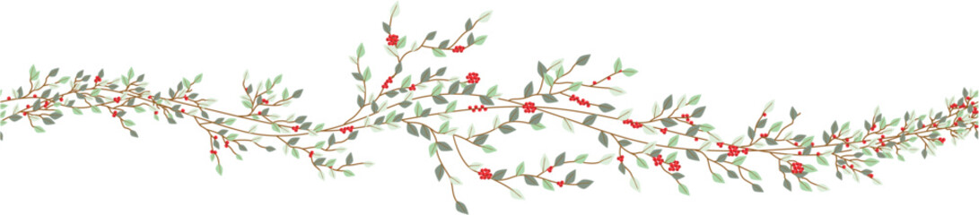 Elegant seamless border of a branches. Floral frame. Vector hand drawn illustration. White background.