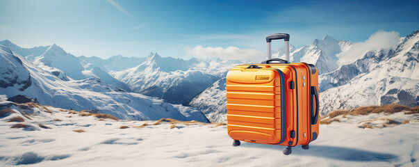 suitcase with an imposing snowy mountain landscape, suggesting a solo travel experience.