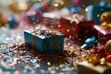 Colorful confetti and gift box on bokeh background.