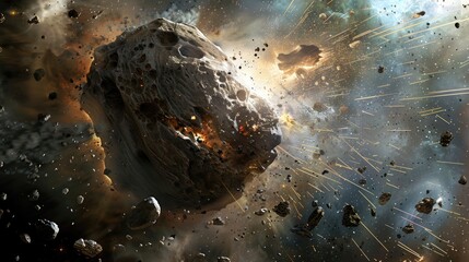 A hazardous asteroid is on a collision course with Earth classified as a potentially hazardous object PHO and identified as a stony iron meteorite within our solar system This composite ima - Powered by Adobe