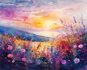 A watercolor scene depicting a colorful, blooming orchard with soft, natural elements and a serene background