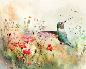 A watercolor scene of a hummingbird hovering near colorful flowers, with soft, natureinspired elements in the background