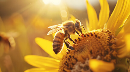 Close-up shot of a bee clinging to a yellow flower with warm sunlight in the background.	