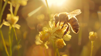 Close-up shot of a bee clinging to a yellow flower with warm sunlight in the background. - Powered by Adobe