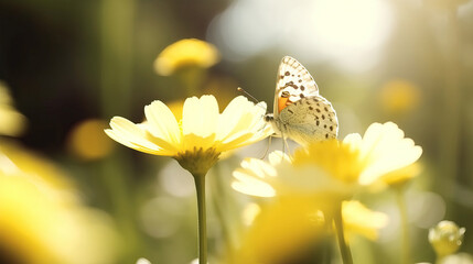 Beautiful Monarch butterfly feeding on flower in the morning of spring season. Nature concept with copy space and blurry background.